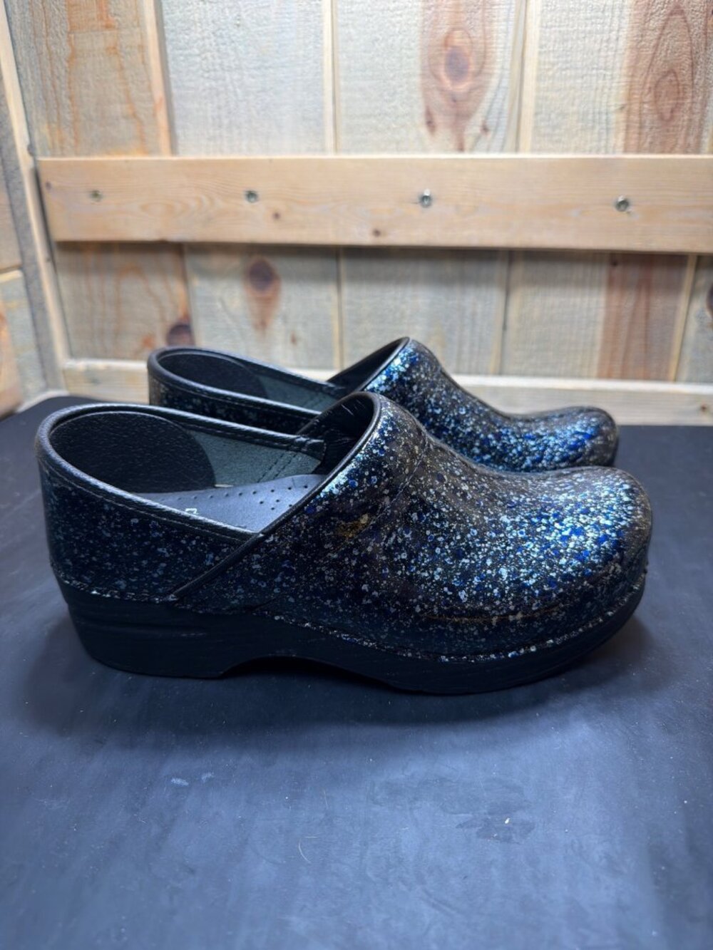 Dansko Pro Blue Glitter Patent Leather Clogs Shoes Womens Size 37 US 6.5 - 7 Y2K